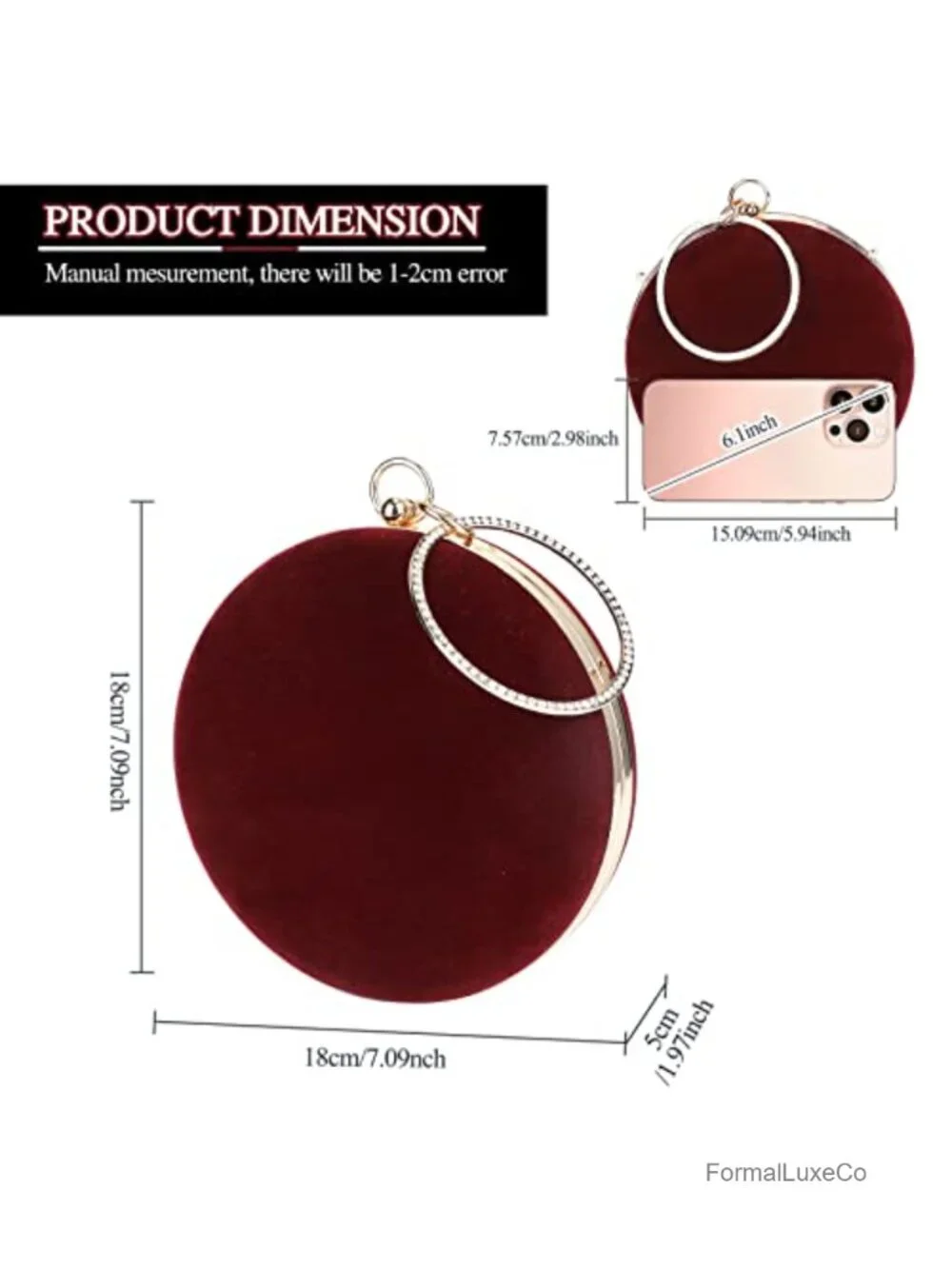 Round Velvet Clutch Purse Evening Bag Rhinestone Frame Wedding Party Handbag